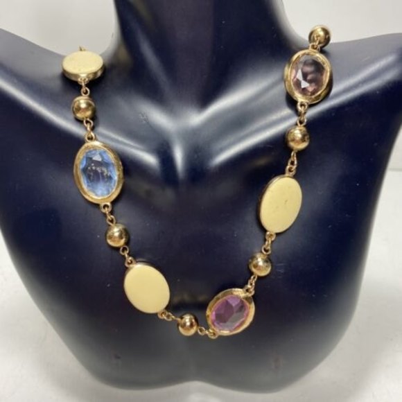 Vintage Necklace Gold Tone Beads Faux Ivory Pearl Medallion Faceted Pastel Glass - Picture 2 of 7